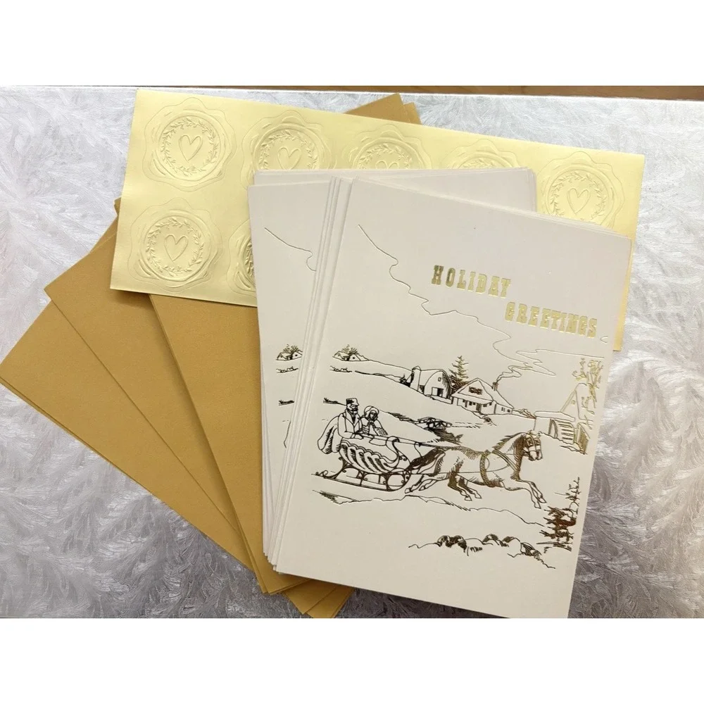 Vintage Craftmount Photo Frame Holiday Cards Gold Sleigh Gold Envelope Lot of 10